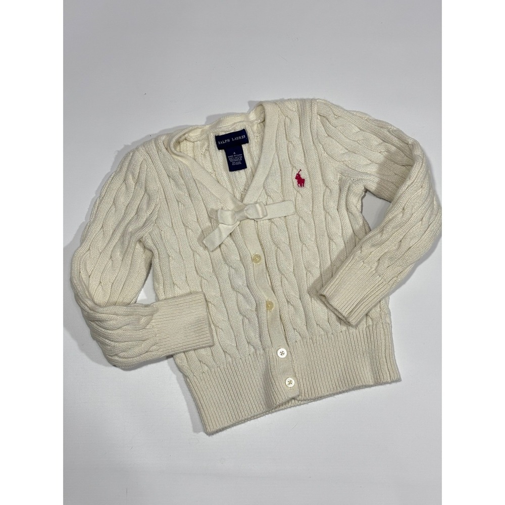 Ralph Lauren Cardigan Girls 4 Cream Cable Knit Bow Front V-Neck Sweater Preppy